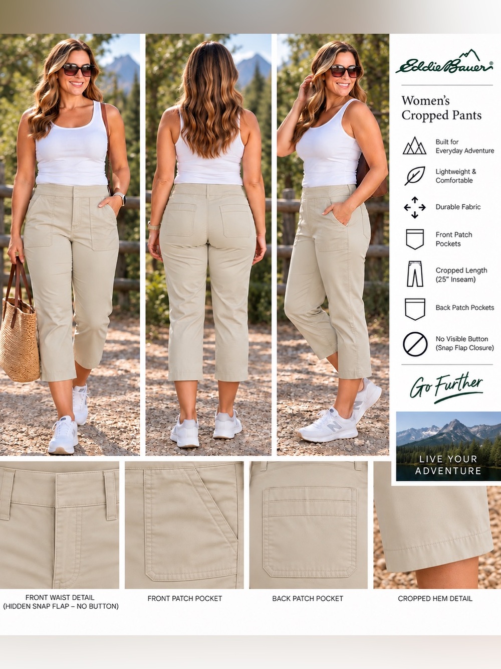 Eddie Bauer Women's High-Rise Cropped Pants Beige Size 8